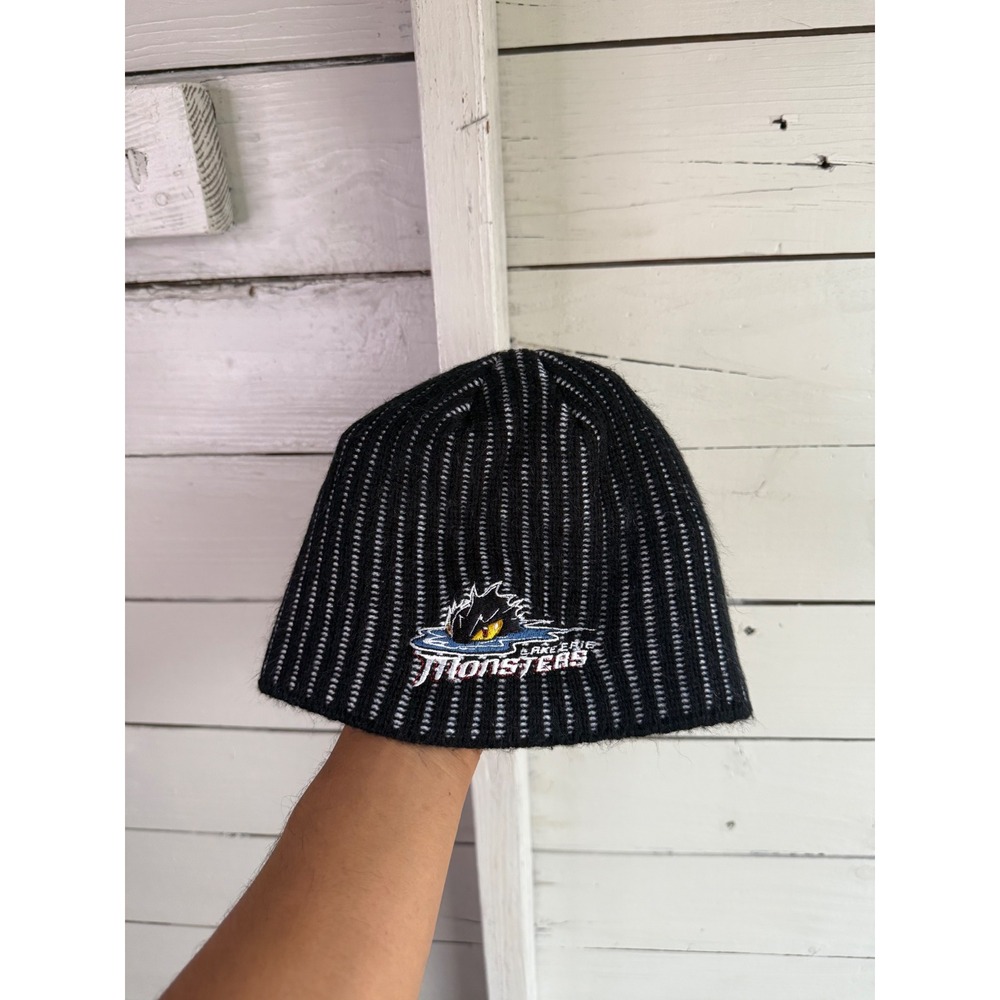 Lake Erie Monsters AHL Hockey Beanie Black White Striped Knit Hat Verizon Logo